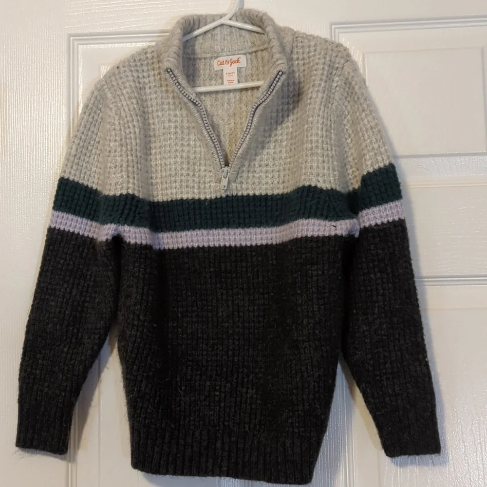 Boys Green and Gray Striped 3/4 Zip Sweater